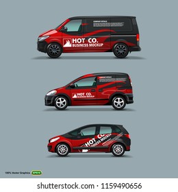 Mocup set with advertisement on Black Car, Cargo Van, and delivery Van. Vector Graphics template Mock Up.