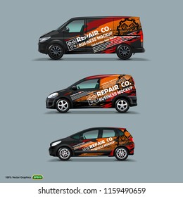 Mocup Set With Advertisement On Black Car, Cargo Van, And Delivery Van. Vector Graphics Template Mock Up.