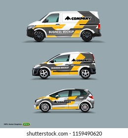 Mocup Set With Advertisement On White Car, Cargo Van, And Delivery Van. Vector Graphics Template Mock Up.