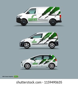 Mocup set with advertisement on White Car, Cargo Van, and delivery Van. Vector Graphics template Mock Up.