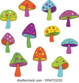 mod neon colors mushroom vector illustrations