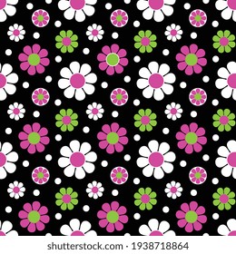 mod pink green black seamless daisy flower vector pattern