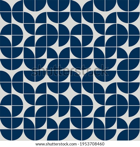 MOD Scandinavian Style Geometric Repeat Pattern. Abstract Geometric Nordic Minimalist Design With Dark Blue Indigo Motifs On Gray Background. Seamless Repeat For Home Décor, Textiles, Interior Design.