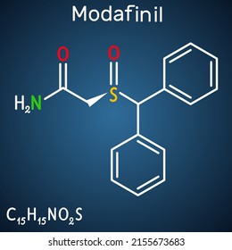 Modafinil molecule. It is stimulant, wakefulness promoting agent. Used in the treatment of narcolepsy. Structural chemical formula on the dark blue background. Vector illustration