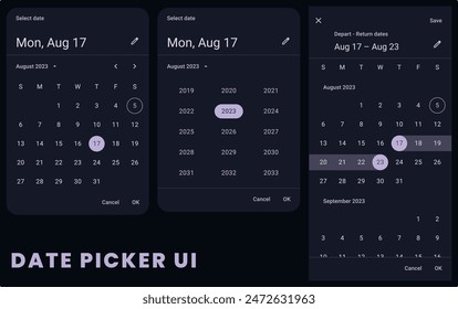 Componente móvil Modal Date Picker para interfaz de usuario oscura. Vector de Elementos de planificación de calendario con App de iconos. Plantilla de maqueta de concepto de App de calendario inteligente para teléfono móvil y smartphone en diseño de materiales