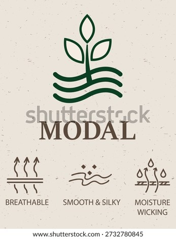 Modal Fabric Feature Icon for Apparel Labels, Breathable Smooth Silky Moisture Wicking Textile Symbol. Fabric properties and textile  special feature signs and symbols icon set.