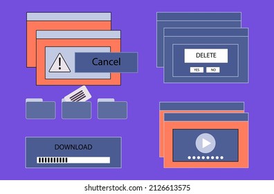 Modal pop up window with start downloading the command. Computer crash warning in browser. Popup informational notification, interface problem on the desktop. Failure, many tabs in window. Vector
