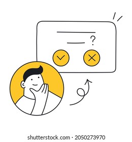 Modal window with the apply and cancel icons and customer's face. Feedback, modal user interface,  dialog box. Thin line vector illustration on white.