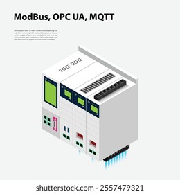A Modbus-OPC UA-MQTT in Isometric 3D. Suitable for technology illustrations, infographic, etc.