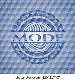 Mode blue emblem or badge with abstract geometric pattern background.