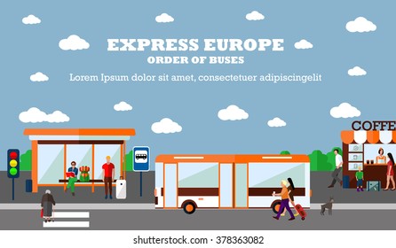 Mode of Transport concept vector illustration. Bus stop banner. Design elements in flat style. City transportation objects: bus, station, road, cafe.