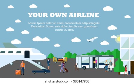 Mode of Transport concept vector illustration. Airport banner. Design elements in flat style. City transportation objects: airport, plane, bus, departure, terminal.