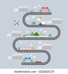 Mode Of Transportation With Town Road Infographic. Vector Illustration