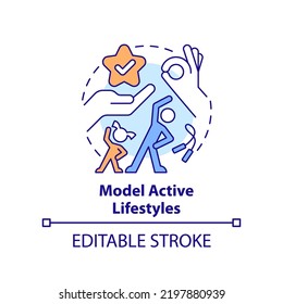 Model active lifestyles concept icon. Role of school leader in mental health abstract idea thin line illustration. Isolated outline drawing. Editable stroke. Arial, Myriad Pro-Bold fonts used