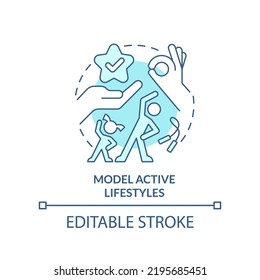 Model active lifestyles turquoise concept icon. School leader role in mental health abstract idea thin line illustration. Isolated outline drawing. Editable stroke. Arial, Myriad Pro-Bold fonts used