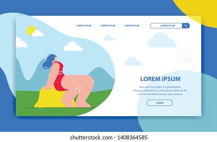 Model Agency Flat Landing Page Vector Template. Young Lady Sitting on Rock, Posing Cartoon Character. Fashion Business, Beauty Industry. Professional Photo Studio Website Concept with Text Space