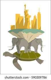 Model of ancient structure of the world. There is a city New York on a top.Vector illustration.