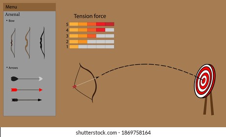 A model of archery game with different tension levels and different levels of combat arsenal. Collection and a set of arrows and bows. Direction and its purpose. Vector illustration