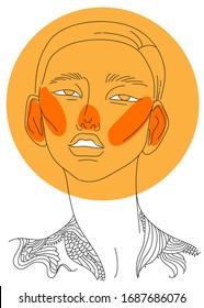 Model with an Asian appearance with a tattoo. Vector linework. Without gender.