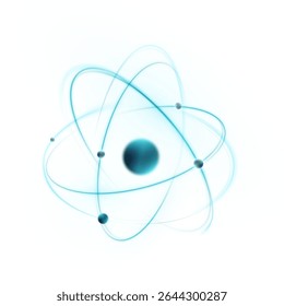 Modelo de um átomo com elétrons girando em torno do núcleo sobre um fundo branco. Usado para ilustrações de visualização de ciência, energia e física nuclear.