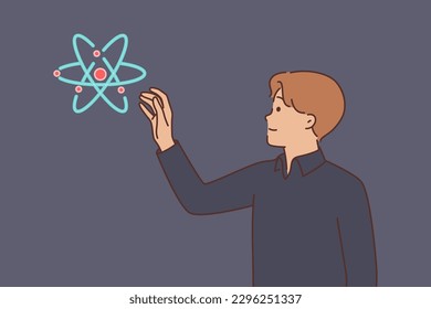 Model of atom or molecule near man stretching hand to scientific element symbolizing innovation in biology or physics. Guy scientist examines particle of atom studying chemicals substance