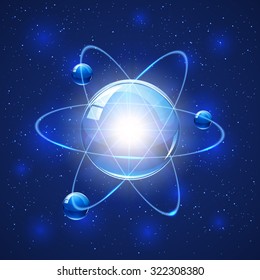 Model of atom on blue sparkle background, illustration.