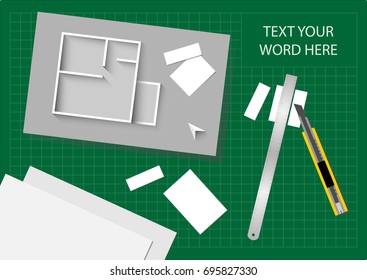 Model and bagasse paper are cut on green cutting mat by steel ruler and cutter. House and interior design process. Background design. Vector illustration.