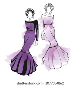 Model in a beautiful purple dress. Vector watercolor illustration. Fashion sketch. 
