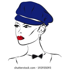 Model in  blue cap and bow tie