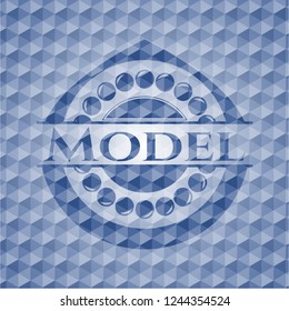 Model blue emblem or badge with geometric pattern background.