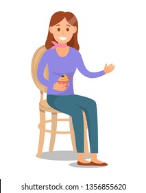 Model with Brown Hair Flat Character Illustration. Young Caucasian Woman Sitting on Chair with Backrest. Smiling Girl in casual clothes holding Blueberry Muffin. Isolated Design element