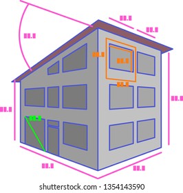 Model of building with dimensions and marks