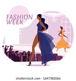 Model Business Social Media Banner Vector Template. Models, Viewers and Paparazzi Cartoon Characters. Fashion Week Show Poster Concept. Women in Designer Clothing Illustration with Typography