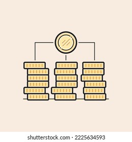 Model canvas, cost structure yellow coins filled icon, with three columns and floating central coin.