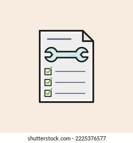 Model canvas, key activities document filled icon, with blue wrench and green form ticks.