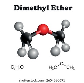 Model and chemical formula of the compound Dimethyl ether. Science education vector 3d illustration