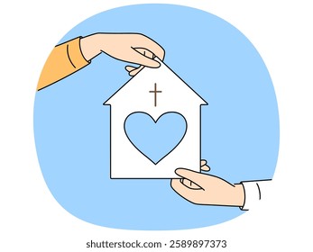 Model of christian church with heart in mans hand for advertising catholic charitable foundation providing assistance to people in need. Concept of volunteer assistance to christian churches