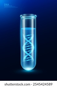 Model chromosome DNA or deoxyribonucleic acid blue glowing in glass test tube. Gene double helix polygonal. Nucleus cell genetic synthetic biology combined. Medical science vector.