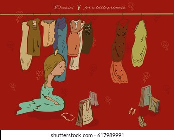 Model collection of clothes for girls.Dresses for a little princess, vector illustration.