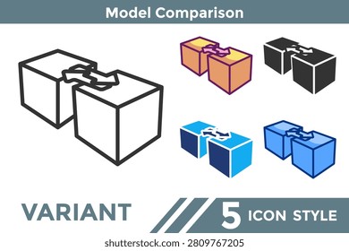 Model Comparison icon for representing comparative framework systems, structural evaluation processes, and analytical contrast concepts. Line, Filled, Color, Dualtone style.