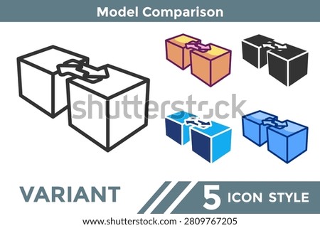 Model Comparison icon for representing comparative framework systems, structural evaluation processes, and analytical contrast concepts. Line, Filled, Color, Dualtone style.