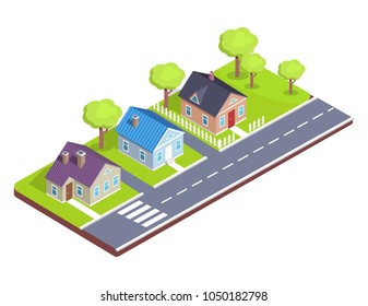 Model of a cottage town with crosswalk, main road, green lawn and garden full of trees vector isometric illustration isolated on white