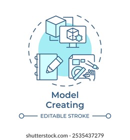 Ícone de conceito azul suave de criação do modelo. Processo de engenharia reversa. Modelagem 3d. Projeto assistido por computador. Ilustração de linha de forma redonda. Ideia abstrata. Design gráfico. Fácil de usar no artigo