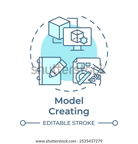 Model creating soft blue concept icon. Reverse engineering process. 3d modeling. Computer-aided design. Round shape line illustration. Abstract idea. Graphic design. Easy to use in article