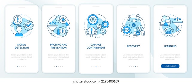 Model for crisis management blue onboarding mobile app screen. Walkthrough 5 steps editable graphic instructions with linear concepts. UI, UX, GUI template. Myriad Pro-Bold, Regular fonts used