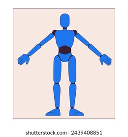 Model of cyborg on paper sheet 2D linear cartoon character. Humanoid robot drawing isolated line vector personage white background. Futuristic engineering project color flat spot illustration