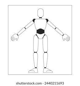 Model of cyborg on paper sheet black and white 2D line cartoon character. Humanoid robot drawing isolated vector outline personage. Futuristic engineering project monochromatic flat spot illustration