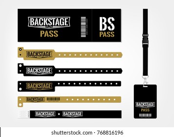 Model of different access control designs. Suitable for events, concerts, parties, festivals and private areas. Bracelets, ticket and lanyards. Design for backstage area. Vector template.