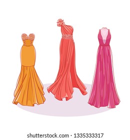 Model dresses for prom, ball, solemn event. Ruffles and ornaments on the dress. Clothing design.