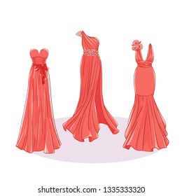 Model dresses for prom, ball, solemn event. Ruffles and ornaments on the dress. Clothing design.